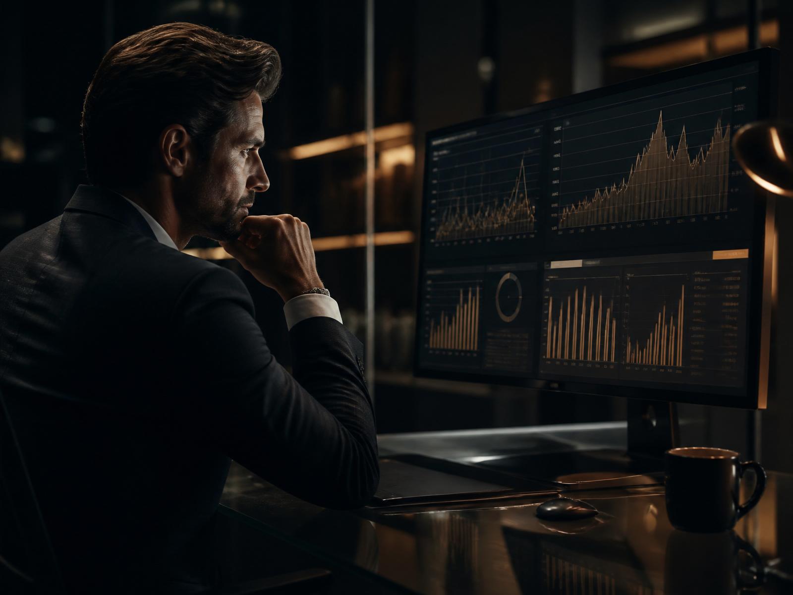 Senior finance professional reviewing financial dashboards